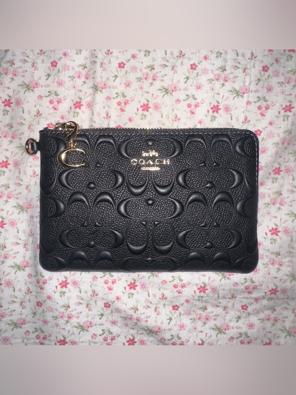 Coach Black Embossed Signature Leather Wristlet with Gold Accent